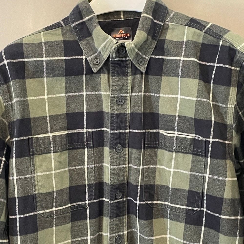 Ridgecut Toughwear Mens Large Green Black Plaid Flannel Button Down Shirt L